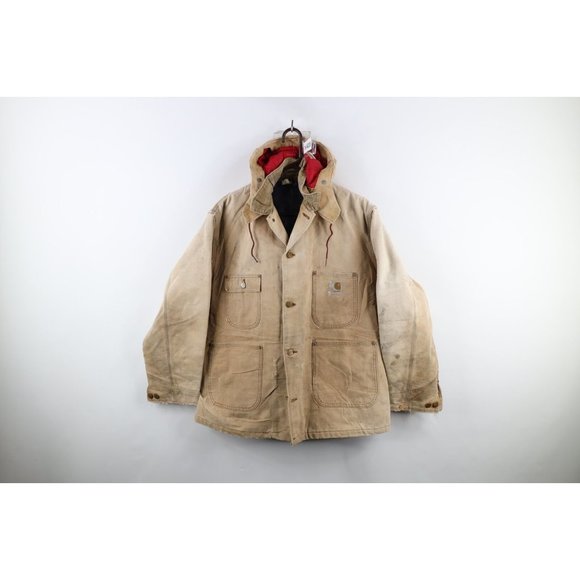 Vintage 80s Carhartt Mens 44 Thrashed Blank Lined Hooded Chore Barn Jacket USA